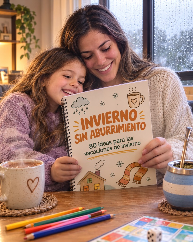 Mamá e hija mirando la guía Invierno Sin Aburrimiento en un día de lluvia